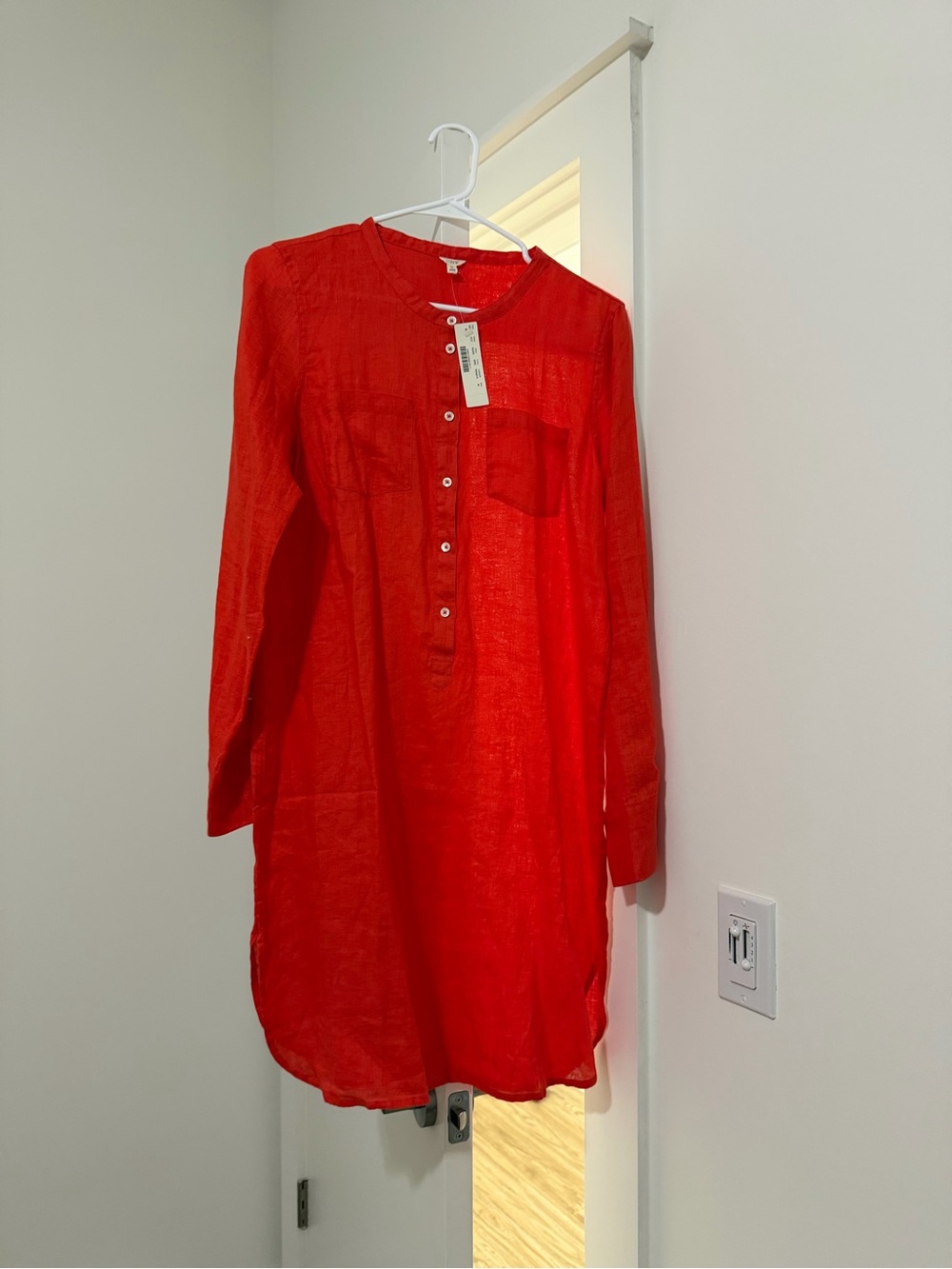 New J.Crew Red Long-Sleeve Button Tunic Dress - Women cotton , & linen blend.